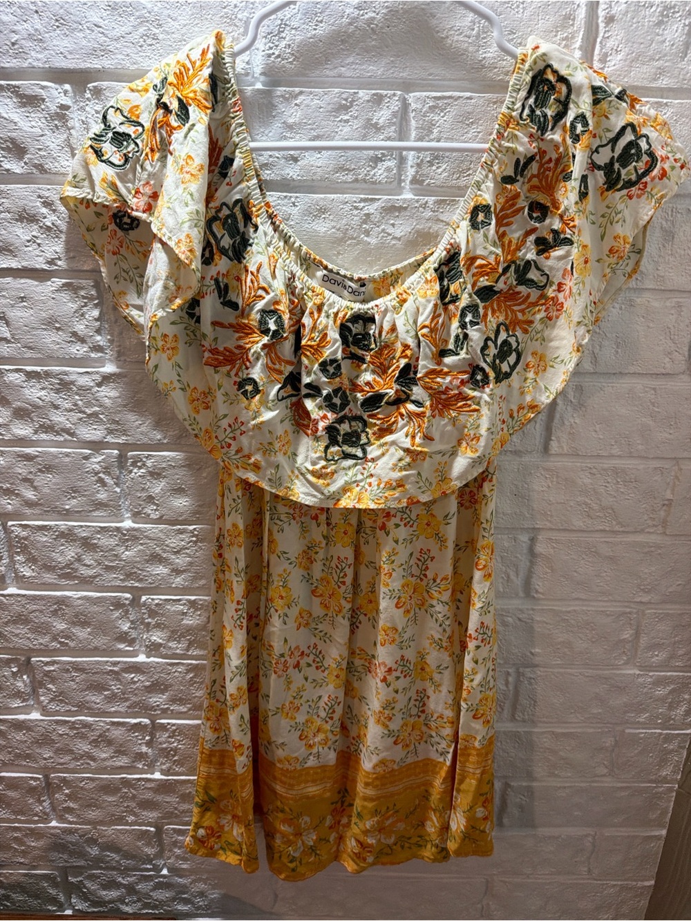 Boho Off-Shoulder Mini Dress in Cream and Yellow